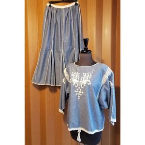 J.M. Pink size large cotton blue & white top & skirt outfit